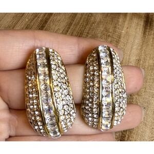 Vintage Gold Tone Pavé Rhinestone Clip-On Earrings Large 1.75"